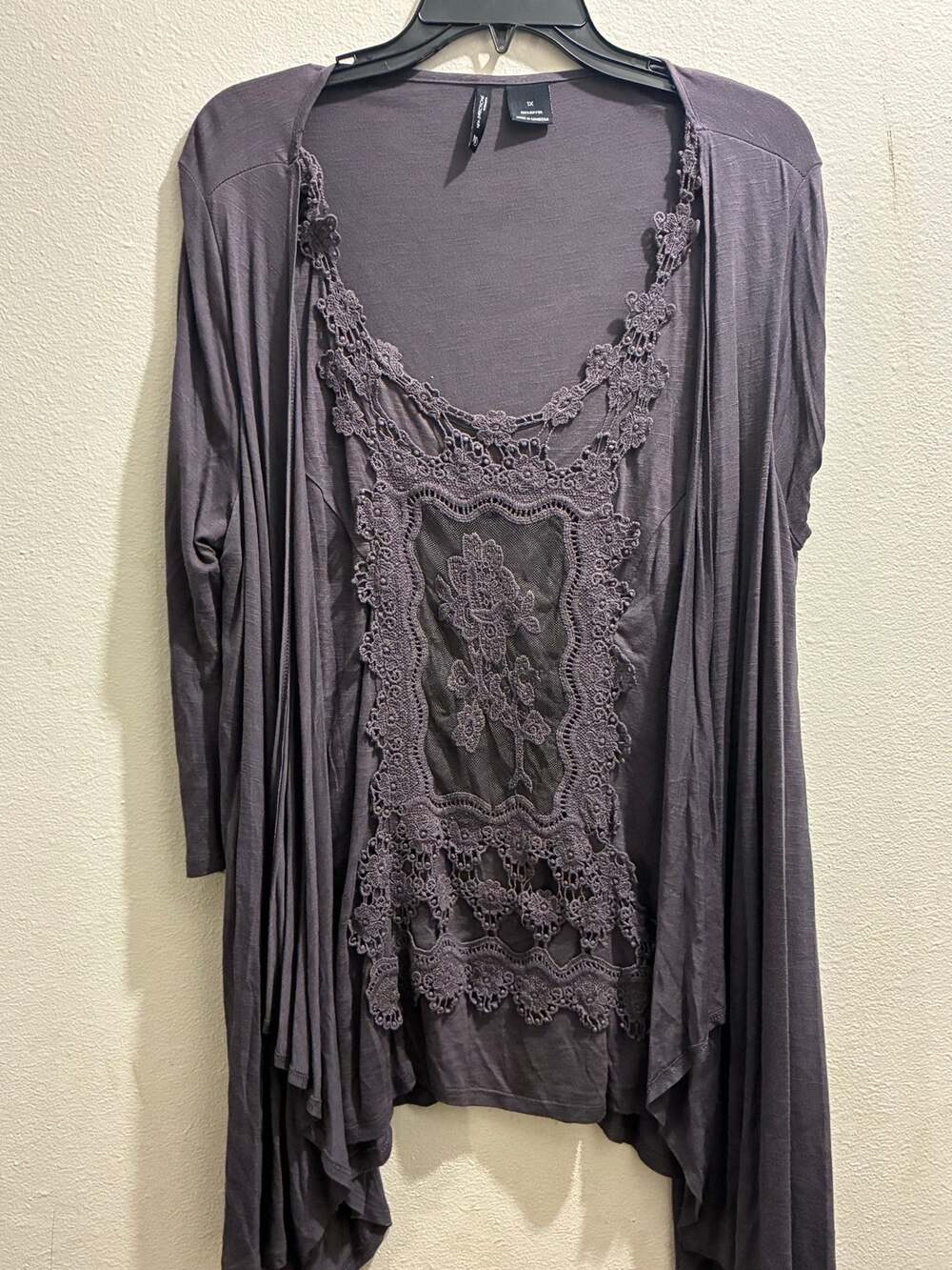 New Directions Boho Cottagecore Whimsigoth Gray Floral Lace Layered Tunic 1X